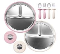 WUSUPU Set da 2 Piatti in Acciaio Inossidabile con Ventosa,Piatto con Ventosa per Bambini,Piatti Divisi per Bambini per Lo Svezzamento Autonomo,Lavabili in Lavastoviglie(Beige e Rosa)