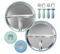 WUSUPU Set da 2 Piatti in Acciaio Inossidabile con Ventosa,Piatto con Ventosa per Bambini,Piatti Divisi per Bambini per Lo Svezzamento Autonomo,Lavabili in Lavastoviglie(Blu+verde)