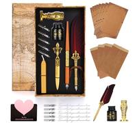 WUSUPU Set di Calligrafia 24 Pezzi - Penna d’Oca Vintage & Penna in Legno con 5 Pennini,Inchiostro,Sigillo,Supporto,Buste e Carta da Lettere,ecc - Elegante Regalo per Principianti & Professionisti