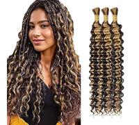 WuvuSnm Human Hair Braiding Deep Wave Boho Braids Bulk Hair Weave Natural Extensions No Weft Highlight Blonde Color 3 Braids Per Pack Total 150g for Woman 24 24 24 Inch