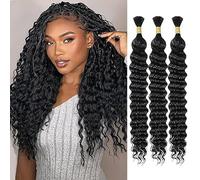 WuvuSnm Human Hair Braiding Deep Wave Boho Braids Bulk Hair Weave Natural Extensions No Weft Natural Black Color 3 Braids Per Pack Total 150g for Woman 14 14 14 Inch