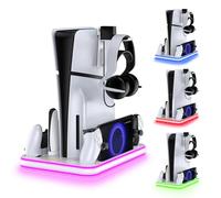 WUXIDIXI Caricabatterie per PlayStation, supporto PS5 e stazione di raffreddamento con controller LED RGB, accessori per dock di ricarica, controller PS5 Edge e caricatore per portale PS, cuffie e
