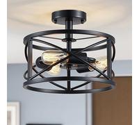 WUZUPS lampadario 3 luci vintage farmhouse industrial semi-flush mount plafoniera moderna per foyer camera da letto corridoio ripostiglio cucina bagno, h 30 x w 24, base e27, nero