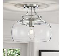 WUZUPS lampadario rustico casale industriale rotondo semi-flushmount soffitto led lampadario con paralumi in vetro trasparente per bagno cucina foyer ingresso, h 30 x w 34, base e27, nichel spazzolato