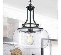 WUZUPS lampadario rustico casale industriale rotondo soffitto pendente led lampadario con paralumi in vetro trasparente per sala da pranzo cucina isola foyer ingresso, h 43 x p 34, base e27, nero