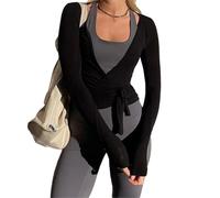 WWAYBEI Y2k Ballet Pilates Wrap Top Donne Manica Lunga Tie Front Allenamento Yoga Danza Wrap Uscire Crop Top Coquette Vestiti, Nero , S