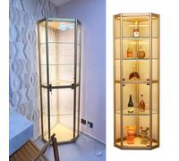 WWERTYY Vetrina angolare Curio con luci e Serratura, 5 Ripiani Regolabili, vetrina in Vetro illuminata, vetrinetta per liquori con Figure Trasparenti Dorate, Alta, in Vetro temperato