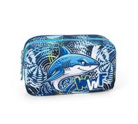 WWF- Astuccio Rettangolare 2 zip, per Bambini e Ragazzi, Ideale per Riporre la Cancelleria, con Pratiche Chiuruse a Zip, Doppio Scomparto Interno, 21x15x8 cm Squalo