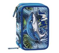 WWF - Astuccio Scuola Ufficiale WWF, Astuccio 3 Scomparti Bambino e Bambina con Set Cancelleria, Penna Cancellabile Blu e Pratica Chiusura a Zip, 20x13Hx7 cm, Squalo