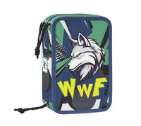 Franco Cosimo Panini WWF - Astuccio Scuola Ufficiale WWF, Astuccio 3 Scomparti Bambino e Bambina con Set Cancelleria, Penna Cancellabile Blu e Pratica Chiusura a Zip, 20x13Hx7 cm, Blu