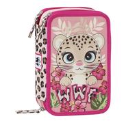 WWF - Astuccio Scuola Ufficiale WWF, Astuccio 3 Scomparti Bambino e Bambina con Set Cancelleria, Penna Cancellabile Blu e Pratica Chiusura a Zip, 20x13Hx7 cm, Leopardo