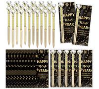 WWmily Set di 24 penne a sfera con scritta "Happy New Year" (lingua italiana non garantita), segnalibro e biglietto di auguri con cravatta, per collaboratori di squadra, dipendenti, colleghi, ufficio