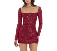 WWricotta Abito con Paillettes da Donna a Maniche Lunghe con Scollo, Mini Abito Scintillante con Glitter, Elegante Abito da Cocktail Party da Sposa