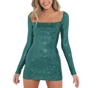 WWricotta Abito con Paillettes da Donna a Maniche Lunghe con Scollo, Mini Abito Scintillante con Glitter, Elegante Abito da Cocktail Party da Sposa
