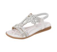 WWricotta Sandali comfort con cavigliera elastica, tacco basso, punta aperta, cristalli e fiori, donna, boho chic, scarpe da spiaggia e relax/A