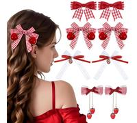WWZ889 8 fermagli per capelli a forma di fragola, graziosi accessori per capelli con fiocco a fragola, piccolo fiocco rosso scozzese bianco, nastro per capelli in pizzo con fiocco Lolita, clip a