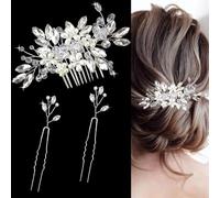 WWZ889 Accessori per capelli da sposa, 1 pettine con perle di cristallo e 2 forcine per capelli con strass, fiore di perle argentate, per sposa, damigelle d'onore, ragazze
