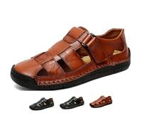 WXDTW Sandali da uomo in pelle con punta chiusa, traspiranti, cuciti a mano, cinturino regolabile, scarpe da pescatore, antiscivolo, casual, sandali da spiaggia per passeggiate, escursionismo, estate