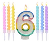 Wxinsheng Candeline di Compleanno con Numeri 6,Arcoballo Candele con 6 Candele a Spirale Arcobaleno Color Caramella Topper per Torta per Ragazze e Ragazzi Anniversario Festa Compleanno