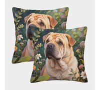 WXLWHR Federa Per Cuscino Chinese Shar Pei Set Di 2 Copricuscini Con Stampa Di Dog Flowers Decorativi Cerniera Invisibile Per Divano Casa Giardino 45x45cm