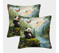 WXLWHR Federe Per Cuscini Panda Set Di 2, Copricuscini Con Woods Stream Poliestere Morbido Decorativo Per Studio Angolo Lettura E Sedia 50x50cm