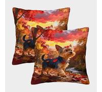 WXLWHR Federe Per Cuscini Yorkshire Terrier Set Di 2, Copricuscini Con Autumn Woods Poliestere Morbido Decorativo Per Divano E Ufficio 50x50cm