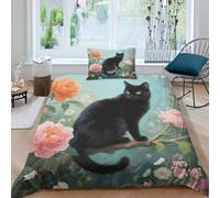 WXLWHR Set Copripiumino Black Cat Microfibra Morbida Set Letto 3 Pezzi Con Motivo Black Cat Flowers Con Chiusura Lampo E Federa Per Donne E Uomini Single(135x200cm)