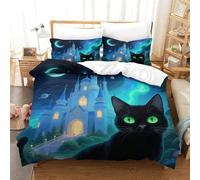 WXLWHR Set Copripiumino Black Cat Microfibra Morbida Set Letto 3 Pezzi Con Stampa Black Cat Castle Con Cerniera E Federa Per Ragazzi, Ragazze E Bambin Single(140x200cm)