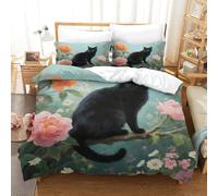 WXLWHR Set Copripiumino Black Cat Microfibra Parure Da Letto Black Cat Flowers Con Zip E Federa Per Donne E Uomini Single(140x200cm)
