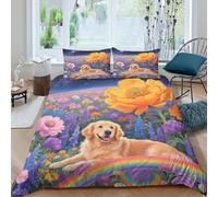 WXLWHR Set Copripiumino Golden Retriever 3D Biancheria Da Letto Con Design Sea of Flowers Microfibra Con Chiusura Lampo E Federa Per La Camera Dei Bambini Double(200x200cm)
