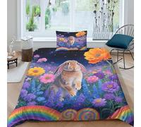 WXLWHR Set Copripiumino Lop Rabbit 3D Biancheria Da Letto Con Stampa Sea of Flowers Microfibra Con Chiusura Lampo E Federa Per La Camera Dei Bambini Single(135x200cm)