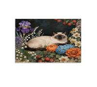 WXLWHR Stampa Di Birman Cat Su Tela Stampa Artistica Con Various Flowers Decorazione Murale Per Ristorante Cucina Soggiorno Regalo 12x18inch(30x45cm)