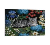 WXLWHR Stampa Di European Shorthair Cat Su Tela Stampa Artistica Con Various Flowers Decorazione Murale Per Ristorante Cucina Soggiorno Regalo 20x30inch(50x75cm)