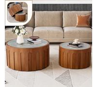 Wxnnx Round Nesting Coffee Table Set, Sintered Stone Top and Fluted Wood Base, Modern Handcrafted Drum Side Tables Set of 2 for Apartment Small Space, Easy Assembly