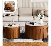 Wxnnx Round Nesting Coffee Table Set, Sintered Stone Top and Fluted Wood Base, Modern Handcrafted Drum Side Tables Set of 2 for Apartment Small Space, Easy Assembly