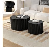 Wxnnx Round Wood Nesting Coffee Table Set, Wood Base Circle Center Table for Living Room, Modern Fluted Drum Side Tables Set of 2 for Apartment Small Space, Easy Assembly