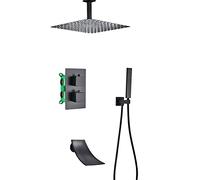 WXPGFEQ Sistema Doccia termostatico Nero - Set Doccia Completo da 10 funzioni con soffione a Pioggia Quadrato, doccetta Portatile e beccuccio per Vasca a Cascata per Un'Esperienza di Bagno