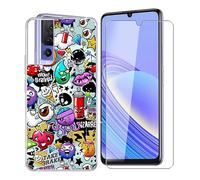 WXPPJ Custodia per TCL 40 SE, Trasparente Anti-Ingiallimento TPU Case, Antiurto Protezione Morbida Cover + Vetro Temperato Pellicola Protettiva per TCL 40 SE (6.75") - Graffiti