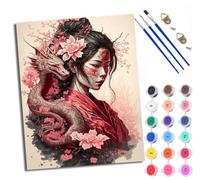 WXRWANG Dipingi coi numeri per adulti e principianti Dipinto con i numeri Sakura Drago e Kimono Ragazza senza cornice Dipinti ad olio su tela Decorazione murale della casa 40,6 x 50,8 cm