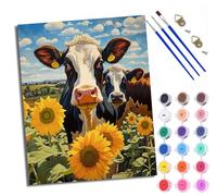 WXRWANG Kit di pittura con i numeri per adulti Kit di pittura per principianti su simboli trasparenti Tela colorata mucche nei campi di girasoli Facile fai da te Pigmento acrilico disegno pittura per