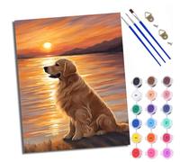 WXRWANG Kit di pittura con i numeri per adulti Kit di pittura per principianti su simboli trasparenti Tela colorata Golden Retriever vicino al fiume al tramonto Facile pigmento acrilico disegno