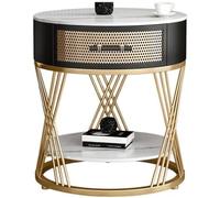 WxuuLTGJR Comodino rotondo con cassetto, comodino con ripiano portaoggetti, comodino in pietra a due livelli, struttura in metallo, tavolino vintage(Gold,45cm)