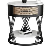WxuuLTGJR Comodino rotondo con cassetto, comodino con ripiano portaoggetti, comodino in pietra a due livelli, struttura in metallo, tavolino vintage(Svart,60cm)