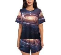 WXWJSHMGC Bella spirale Galaxy stampa donna stampa pigiama maniche corte, lounge girocollo top e pantaloncini Pj set con tasche, Nero , XXL