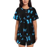 WXWJSHMGC Bella stampa farfalla blu donne stampa pigiama maniche corte, lounge girocollo top e pantaloncini Pj set con tasche, Nero , XL