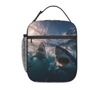 WXWJSHMGC Borsa per il pranzo con stampa di squali che aprono le loro grandi bocche, riutilizzabile e impermeabile, borsa termica per il pranzo con borsa a rete per scuola, viaggi, picnic