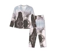 WXWJSHMGC Montagne Nuvole Stampa Manica Lunga Pantaloni Lunghi Pigiama Per Le Donne Set Pigiama Da Donna Set 2 Pezzi Accogliente Lounge Sets Housecoat, Nero , XL