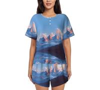 WXWJSHMGC Pigiama a maniche corte da donna con stampa della gamma di montagne, top e pantaloncini da salotto con tasche, Nero , S