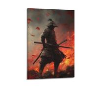WXYZZB Stampa artistica da parete astratta minimalista su tela, poster con cavaliere Japandi con samurai in un fuoco drammatico e foglie d'acero, decorazione per la casa, 40 x 60 cm