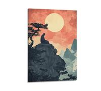 WXYZZB Stampa artistica da parete astratta minimalista su tela, poster di meditazione Japandi con monaco sulla scogliera sotto il tramonto, decorazione per la casa, poster 40 x 60 cm